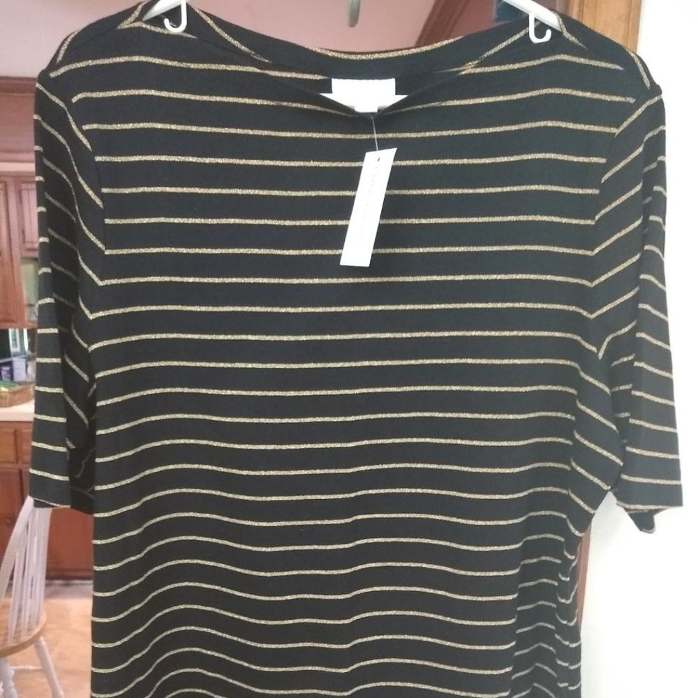 NWT Elbow Slv. Boat Neck Blk w/ Gold Stripe 2X T